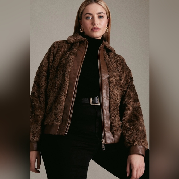 Karen Millen Textured Faux Fur Bomber Jacket Toffee - Picture 1 of 5